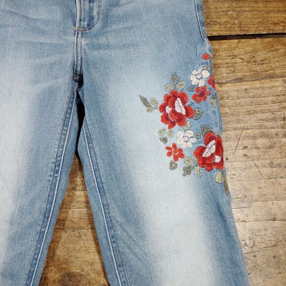 Express 2R Jeans Blue Denim Floral Embroidery Festival Boho High Leggings - Picture 4 of 11